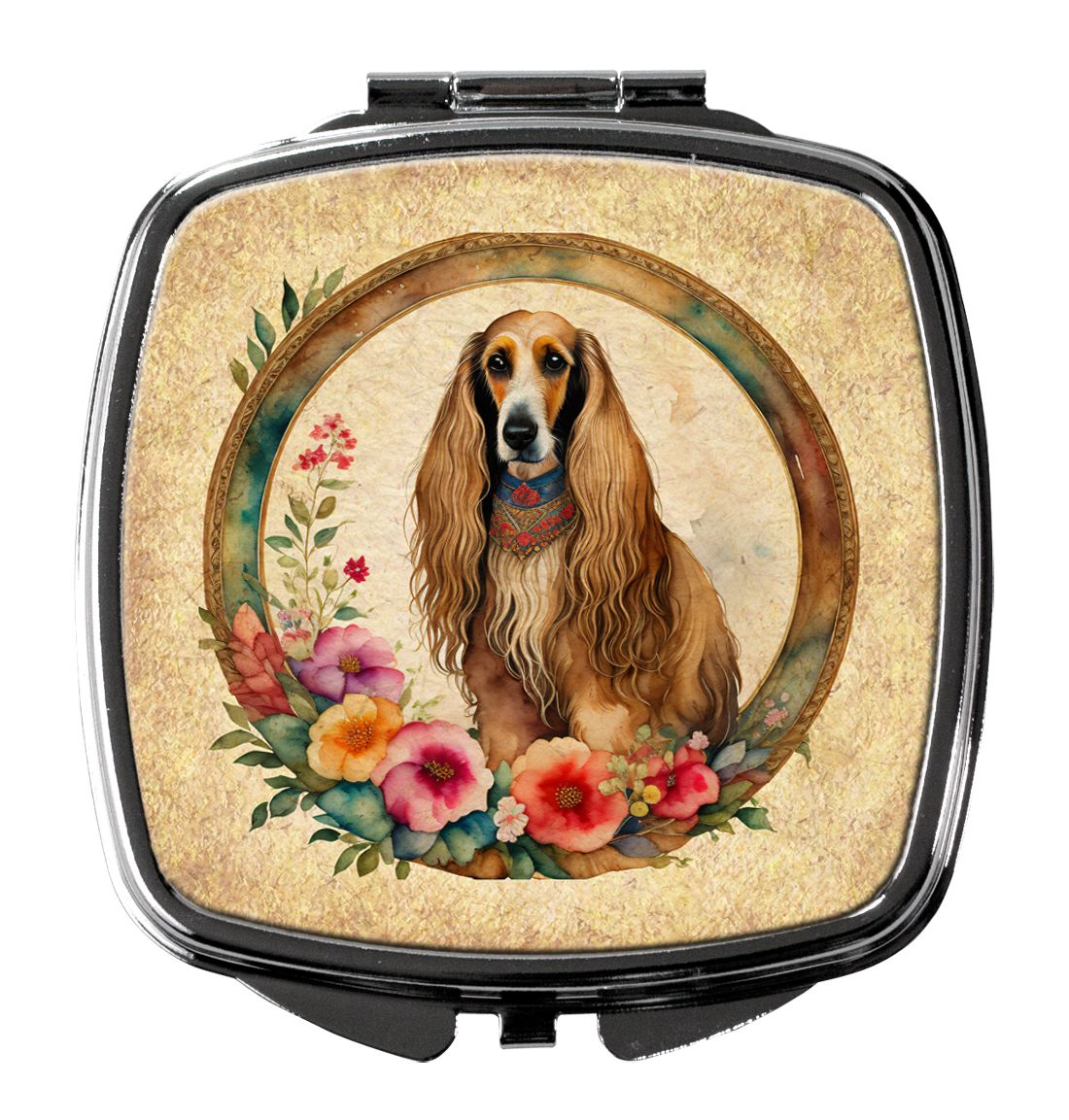 Afghan Hound and Flowers Compact Mirror Decorative Travel Makeup Mirror for Women Girls Gifts Pocket Makeup Mirror Folding Handh