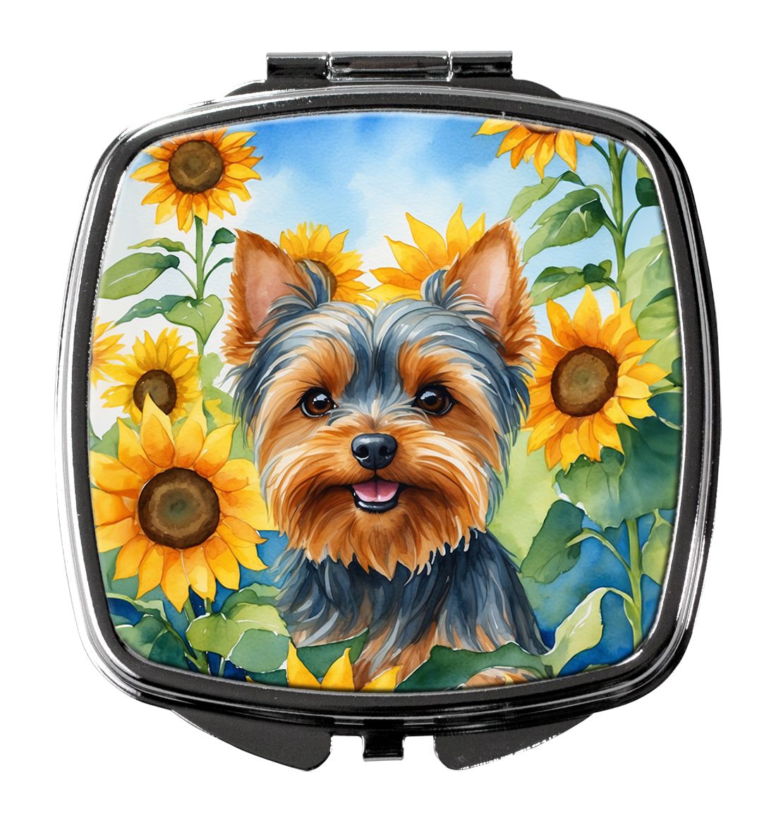 Yorkshire Terrier in Sunflowers Compact Mirror Decorative Travel Makeup Mirror for Women Girls Gifts Pocket Makeup Mirror Foldin