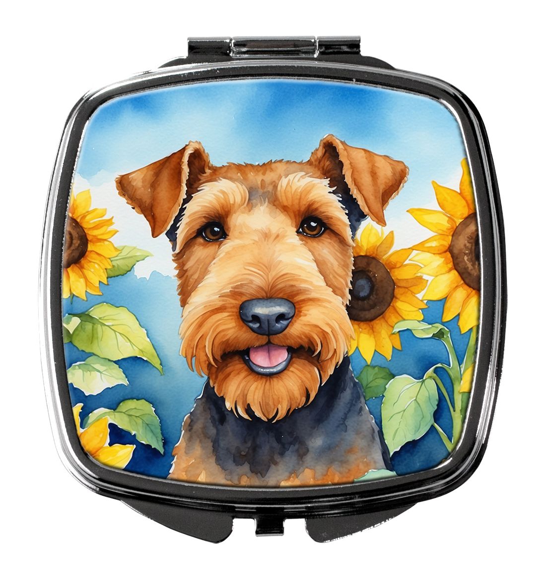 Airedale Terrier in Sunflowers Compact Mirror Decorative Travel Makeup Mirror for Women Girls Gifts Pocket Makeup Mirror Folding
