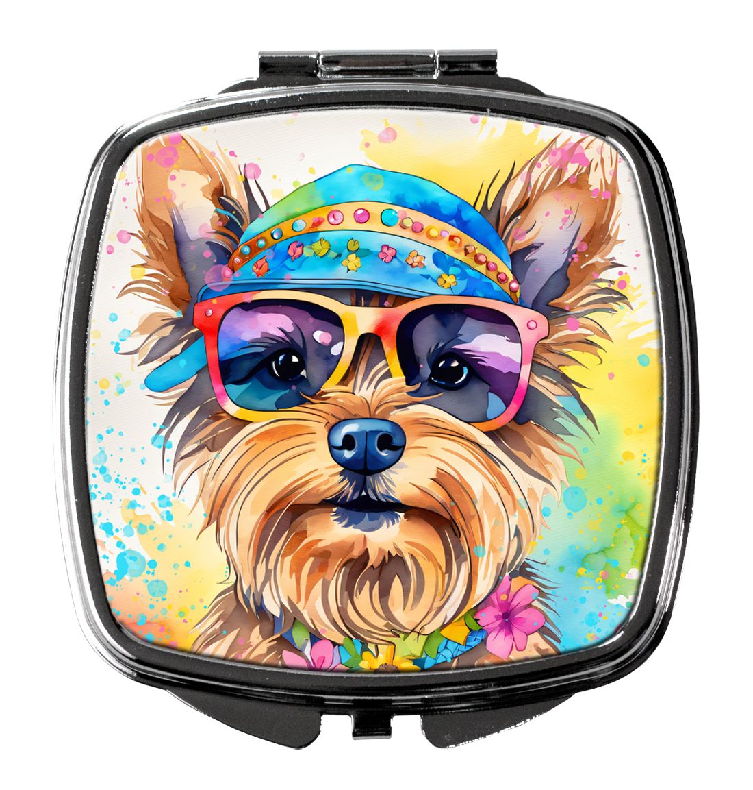 Yorkshire Terrier Hippie Dawg Compact Mirror Decorative Travel Makeup Mirror for Women Girls Gifts Pocket Makeup Mirror Folding 