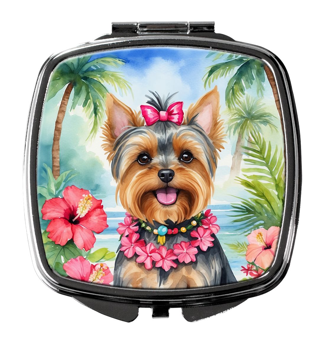 Yorkshire Terrier Luau Compact Mirror Decorative Travel Makeup Mirror for Women Girls Gifts Pocket Makeup Mirror Folding Handhel
