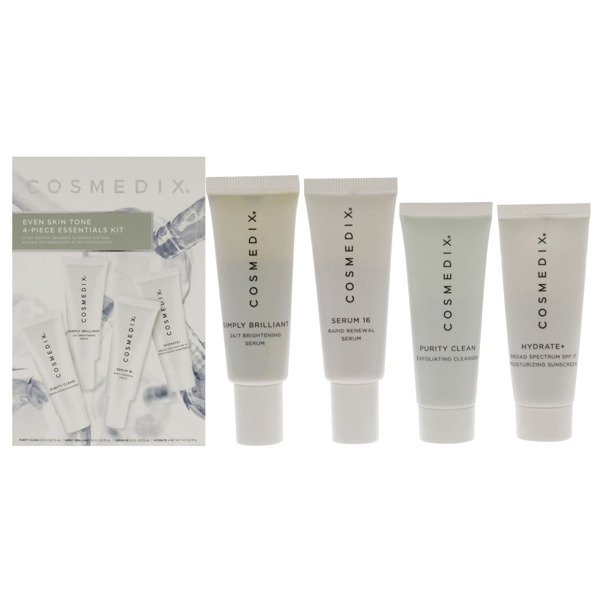 Even Skin Tone Essentials Kit by Cosmedix for Unisex - 4 Pc 0.5oz Purity Clean, 0.5oz Simply Brilliant, 0.5oz Serum 16, 0.5oz Hy