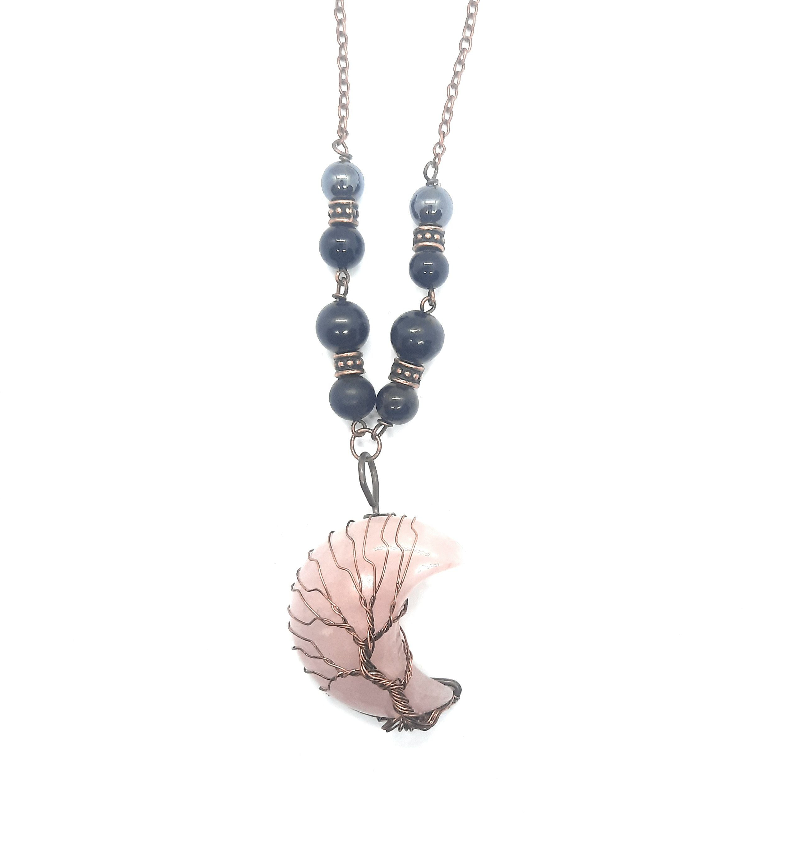 EMF 5g Shielding Necklace crescent Moon Rose Quartz Shungite Hematite Black Tourmaline (D0102HXUEK6)