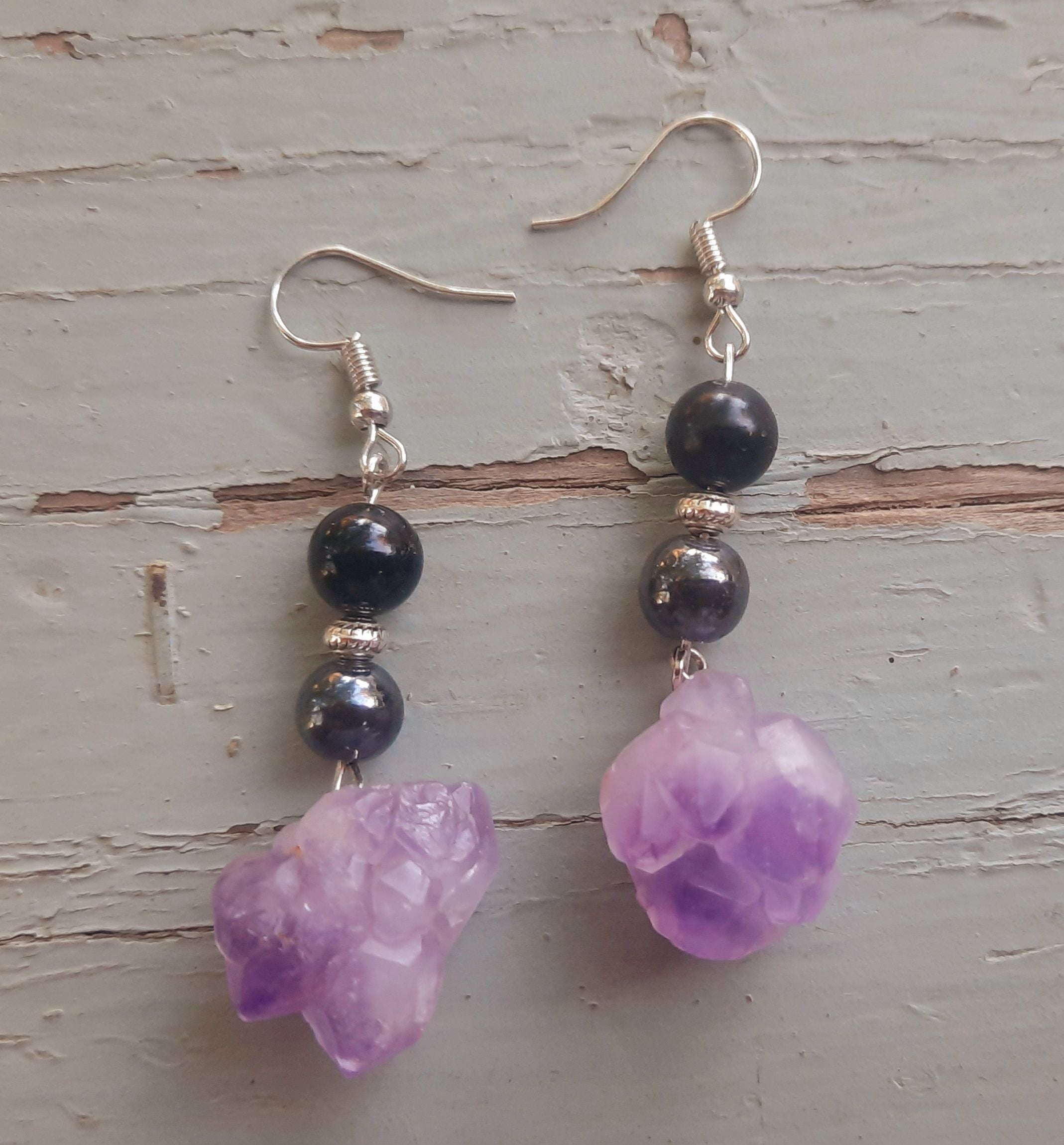 Amethyst Shungite Hematite Earrings chunky(D0102HXUEU6)