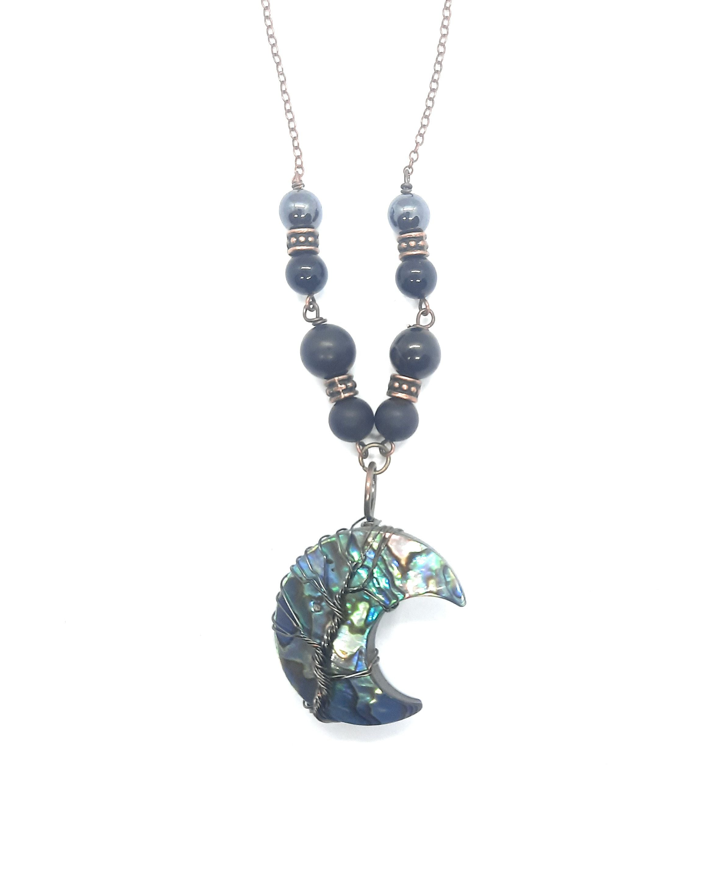 crescent Moon Shungite Hematite Abalone Black Tourmaline EMF 5g Shielding Necklace(D0102HXUEW8)